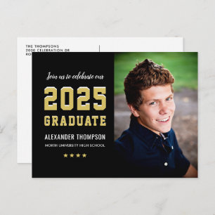 2024 Graduate Black Gold Graduation Party Foto Einladungspostkarte