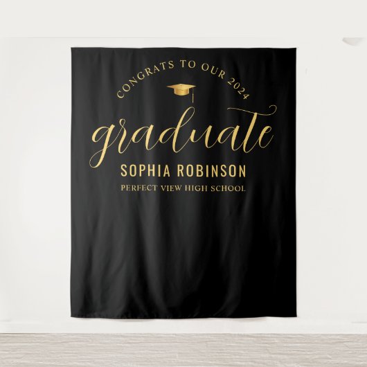 2024 Graduate Gold Black Graduation Party Wandteppich (Vorderseite)