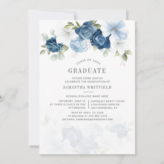 2024 Graduation Party Dusty Blue Floral Einladung (Vorderseite)