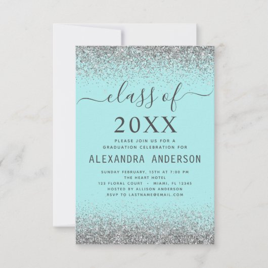 2024 Graduationsparty Aquamarin Aqua Blue Silver Einladung (Vorderseite)