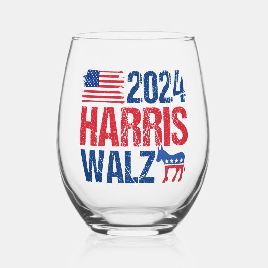 2024 Harris Walz-Demokrat, Donkey-Wahl Weinglas Ohne Stiel (Vorderseite)