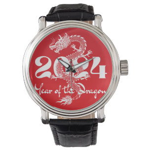 2024 Jahr des Drachen rot weiß Armbanduhr