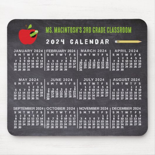 2024-Jahr-Kalender Schulkalender Name des Lehrers Mousepad (Vorne)