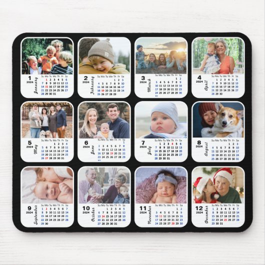 2024 Kalender 12 Familienfoto Collage US Holidays Mousepad (Vorne)