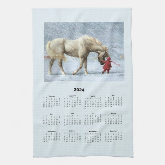 2024 Kalender eines Pferdes und Mädchen im Winter  Geschirrtuch (Vertikal)