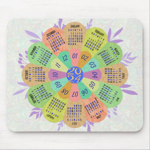 2024 Kalender Einzigartige Round Boho Retro-Blume Mousepad