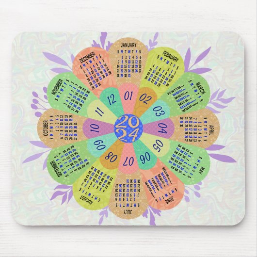 2024 Kalender Einzigartige Round Boho Retro-Blume Mousepad (Vorne)