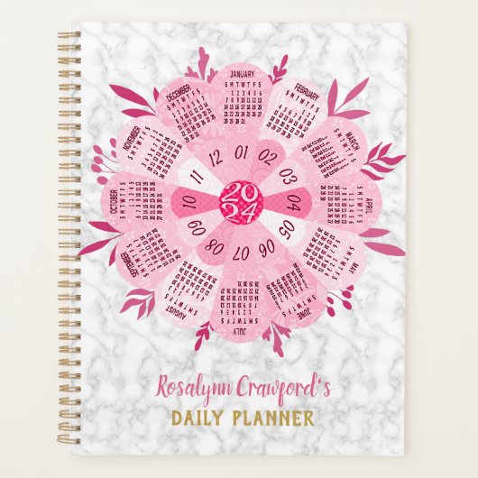 2024 Kalender Einzigartiger Boho Pink Blume Indivi Planer (Vorderseite)