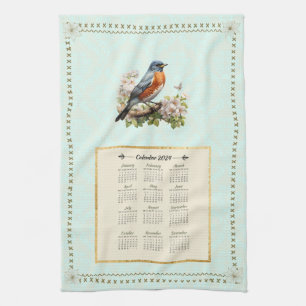2024 Kalender Handtuch Robin Bird Aqua Damask
