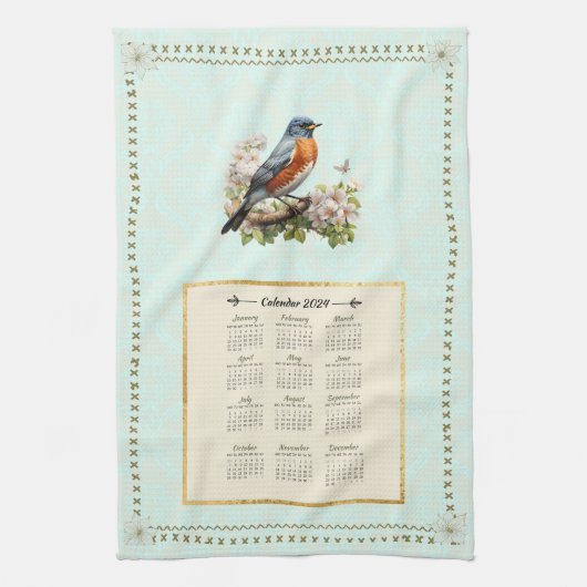 2024 Kalender Handtuch Robin Bird Aqua Damask (Vertikal)
