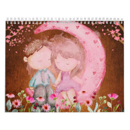2024 Kalender, Liebe, Aquarell, Vintage Papiere Kalender