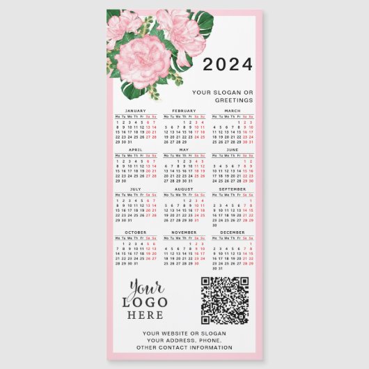 2024 Kalender-Logo QR-Code Rosa Weiße Blüte Magnetkarte (Vorderseite)