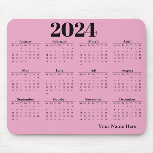 2024 Kalender mit rosa Hintergrund Mousepad (Vorne)