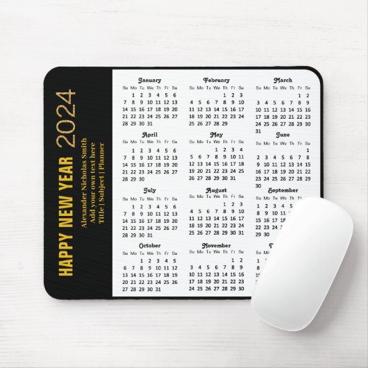 2024 Kalender Modern Gold Script Black Minimalisti Mousepad (Mit Mouse)
