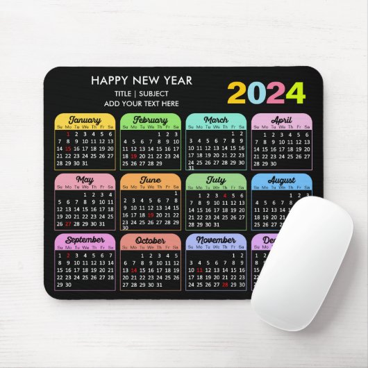 2024 Kalender Moderner Schwarzer, benutzerdefinier Mousepad (Mit Mouse)