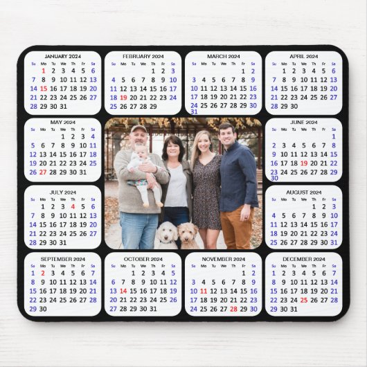 2024 Kalender Modernes Black 4 Family Foto Einfach Mousepad (Vorne)