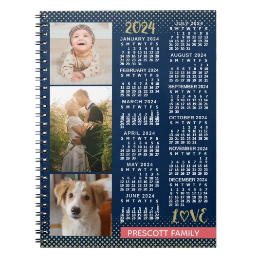2024 Kalender Navy Koral Gold Familie Foto Collage Notizblock (Vorderseite)