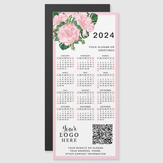 2024 Kalender - QR-Code für das Rosa, weiße Blume  Magnetkarte (Vorne/Hinten)