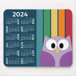 2024 Kalender - Retro-Streifen Muster bunte Eule Mousepad