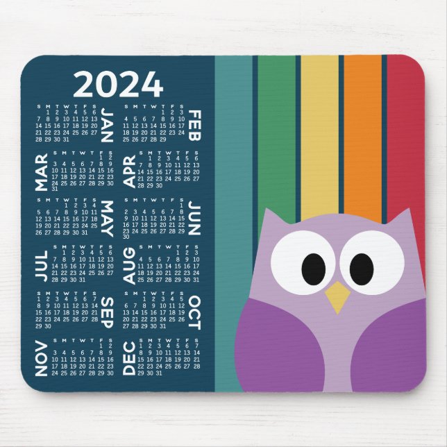 2024 Kalender - Retro-Streifen Muster bunte Eule Mousepad (Vorne)