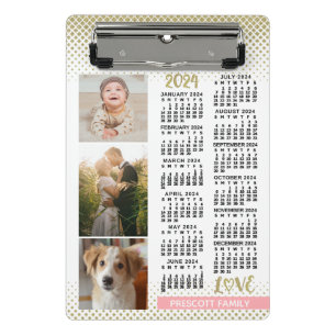 2024 Kalender Rosa Gold Familienfoto Collage Mini Klemmbrett