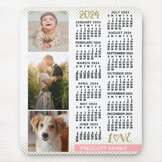 2024 Kalender Rosa Gold Familienfoto Collage Mousepad (Vorne)