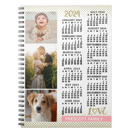 2024 Kalender Rosa Gold Familienfoto Collage Notizblock (Vorderseite)