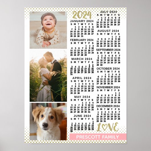 2024 Kalender Rosa Gold Familienfoto Collage Poster (Vorne)