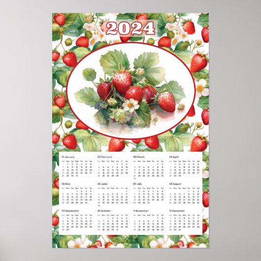 2024 Kalender Vintage Erdbeeren Wasserfarbe Poster (Vorne)