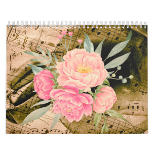2024 Kalender, Wasserfarbe Blume, Musik Vintage Kalender