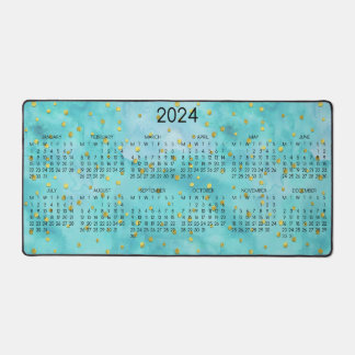 2024 Kalender Wasserfarbe Türkis Gold Polka Dots Schreibtischunterlage