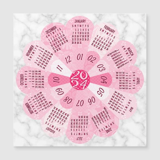 2024 Kalenderjahr Einzigartiges Boho Pink Blume Ma Magnetkarte (Vorderseite)