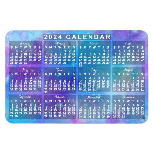 2024 Monatlicher Kalender Blaue Aquarellsterne Magnet (Horizontal)