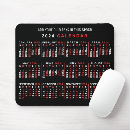 2024 Monatlicher Kalender Custom Black Red White Mousepad (Mit Mouse)