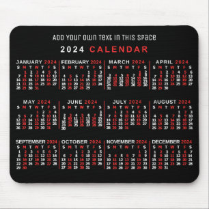 2024 Monatlicher Kalender Custom Black Red White Mousepad