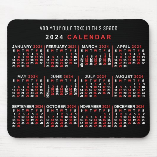 2024 Monatlicher Kalender Custom Black Red White Mousepad (Vorne)