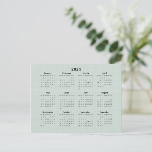 2024 Monatlicher Kalender Grüne Linen Hintergrund Postkarte (Stehend Vorderseite)