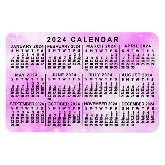 2024 Monatlicher Kalender Rosa Aquarellsterne Magnet (Horizontal)