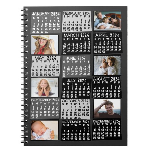 2024 Monatlicher Kalender Schwarz Mod 6 FotoCollag Notizblock (Vorderseite)