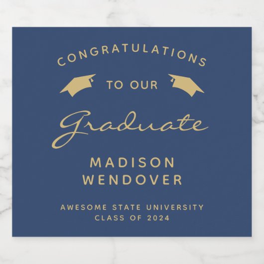 2024 Navy Blue Gold Script Cap Abschluss Schaumweinetikett (Einzelnes Label)