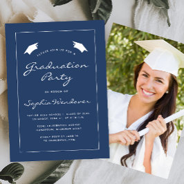 2024 Navy Blue White Border Graduation Party Einladung