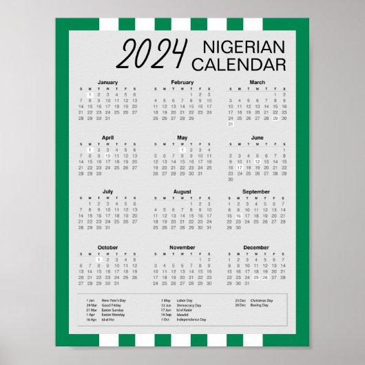 2024 Nigerianischer Kalender herunterladen 5,95 $ Poster (Vorne)