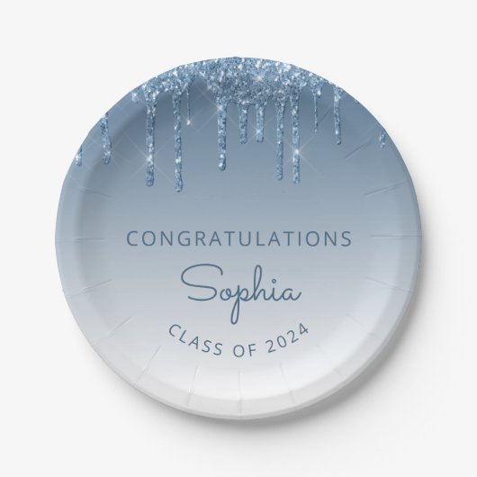2024 Personalisiert Blue Glitzer Tropfen Abschluss Pappteller (Vorderseite)
