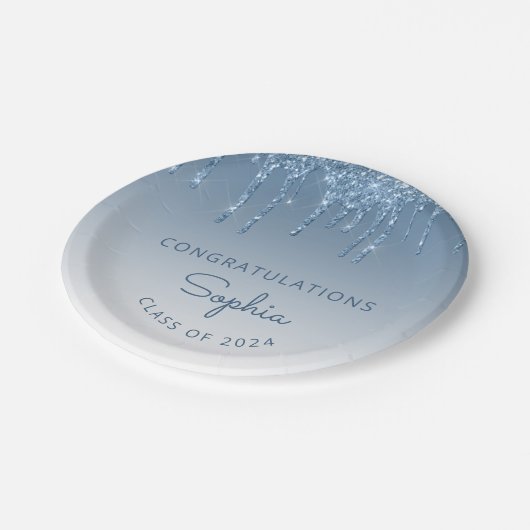 2024 Personalisiert Blue Glitzer Tropfen Abschluss Pappteller (Schrägansicht)