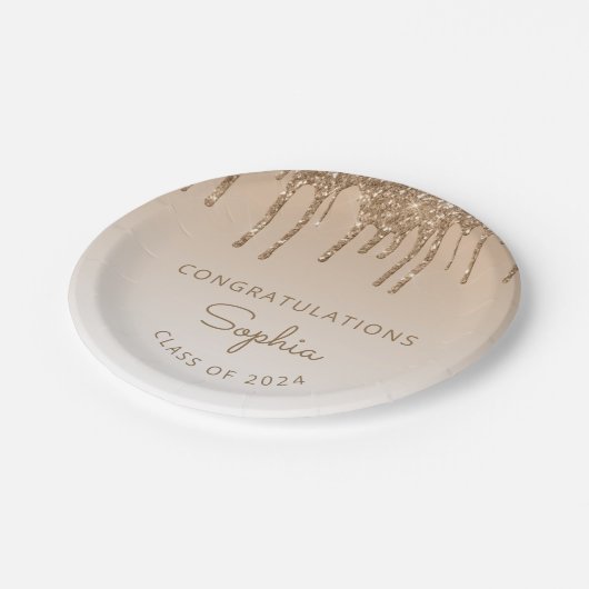 2024 Personalisiert Gold Glitzer Tropfen Abschluss Pappteller (Schrägansicht)