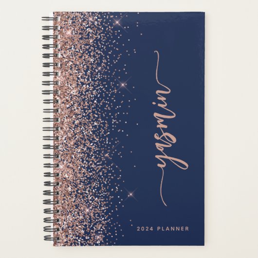 2024 Personalisiert Navy Blue Rose Gold Glitzer Planer (Vorderseite)