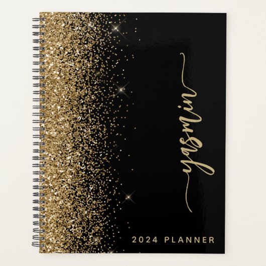 2024 Personalisierter Black Gold Glitzer Planer (Vorderseite)