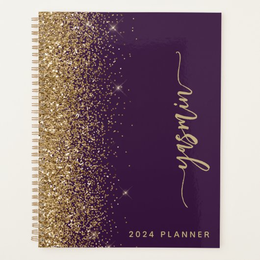 2024 Personalisierter Lila Gold-Glitzer Planer (Vorderseite)