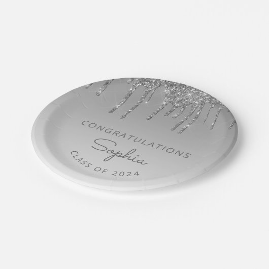 2024 Personalisierter Silver Glitzer Tropfen Absch Pappteller (Schrägansicht)