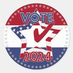 2024 Red and Blue VOTE USA Flag Star Check Mark Runder Aufkleber